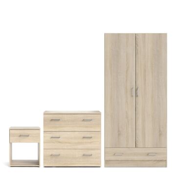 Space 3 Piece Bundle, Bedside, Chest And 2 Door 1 Drawer Wardrobe In Oak
