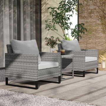 Outsunny 3 Pieces Rattan Bistro Set With 4 Cushions, Wicker Garden Furniture Set, Glass Top Coffee Table And Chairs For Outdoor Patio, Balcony, Terrace And Conservatory, Grey