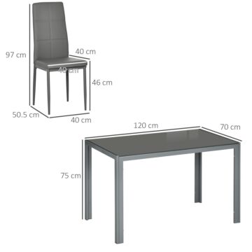 Homcom 5-piece Kitchen Dining Table Set With 4 Faux Leather Metal Frame Chairs Glass Tabletop Desk, Grey