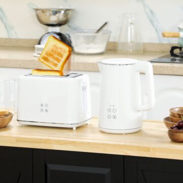 Homcom Kettle And Toaster Set, 1.5l 3000w Fast Boil Kettle With Insulation & 2 Slice Toaster Kitchen Set With 7 Level Browning Controls, Defrost, Reheat And Crumb Tray, Cream White