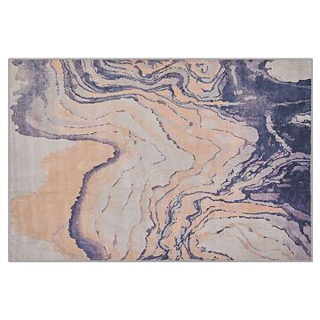 Area Rug Carpet Beige And Blue Polyester Fabric Abstract Pattern Rubber Coated Bottom 160 X 230 Cm Beliani