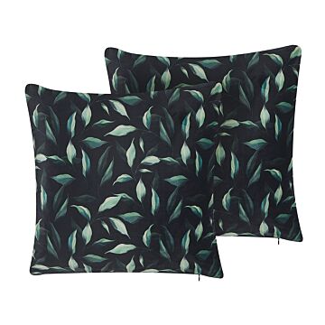 Set Of 2 Scatter Cushions Black And Green 45 X 45 Cm Leaf Pattern Print Decorative Throw Pillows Removable Covers Zipper Closure Modern Style Beliani