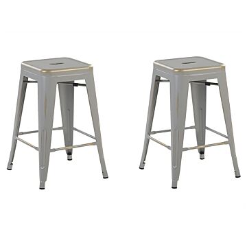 Set Of 2 Bar Stools Silver With Gold Steel 60 Cm Stackable Counter Height Industrial Beliani