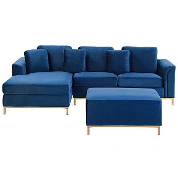 Corner Sofa Blue Velvet Upholstered With Ottoman L-shaped Right Hand Orientation Beliani