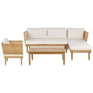 Outdoor Lounge Set Acacia Wood With White Cushions Faux Rattan Armchair Coffee Table Left Hand 4 Seater Beliani