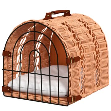 Pawhut Wicker Cat Carrier Basket Kitten Bed Portable Pet Caves Houses W/ Soft Cushion 37 X 28 X 29 Cm Orange
