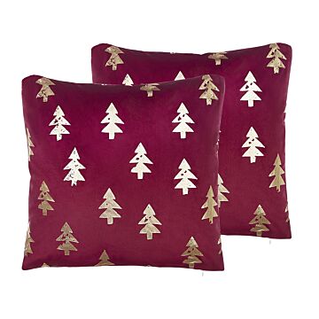 Set Of 2 Scatter Cushions Red Velvet Fabric 45 X 45 Cm Christmas Tree Pattern Zippered Cases Beliani