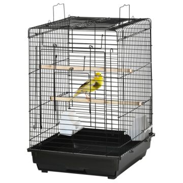 Pawhut Steel Bird Cage With Openable Top, Stand, Tray, Handles, Feeding Bowls For Parakeet, Finch, Black