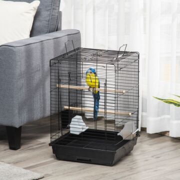 Pawhut Steel Bird Cage With Openable Top, Stand, Tray, Handles, Feeding Bowls For Parakeet, Finch, Black