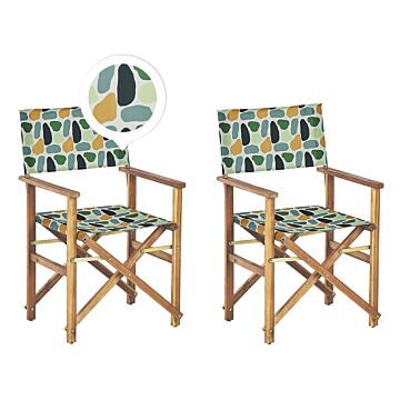 Set Of 2 Garden Director's Chairs Light Wood With Off-white Acacia Abstract Pattern Replacement Fabric Folding Beliani
