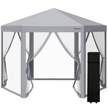 Outsunny 3 X 3(m) Pop Up Gazebo Hexagonal Foldable Canopy Tent Outdoor Event Shelter With Mesh Sidewall, Adjustable Height And Roller Bag, Grey