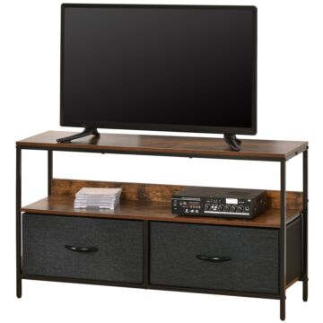 Homcom Tv Cabinet, Tv Console Unit With 2 Foldable Linen Drawers, Tv Stand With Shelving For Living Room, Entertainment Room, Rustic Brown
