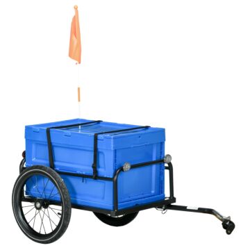 Homcom Steel Trailer For Bike, Bicycle Cargo Trailer With 65l Storage Box And Foldable Frame, Max Load 40kg, Blue