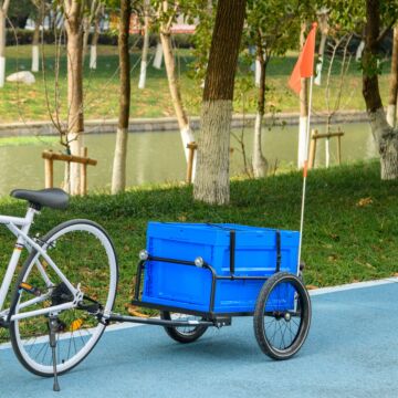 Homcom Steel Trailer For Bike, Bicycle Cargo Trailer With 65l Storage Box And Foldable Frame, Max Load 40kg, Blue