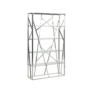 Bookcase Silver 4 Tempered Glass Tires Stainless Steel Frame 175 X 100 Cm Glam Decorative Beliani