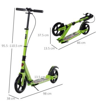Homcom Teens Adult Kick Scooter Foldable Adjustable Aluminum Ride On Toy For 14+ W/ Dual Brake System, Shock Mitigation System - Green 95.5-110.5h Cm