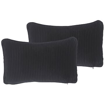 Set Of 2 Decorative Cushions Black Fabric Striped 30 X 50 Cm Minimalist Modern Decor Accessories Beliani