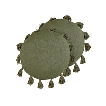 Set Of 2 Decorative Cushions Green Cotton 45 Cm Round With Tassels Modern Boho Decor Accessories Beliani