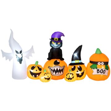 Outsunny 8 Ft Halloween Inflatables Pumpkin Ghost And Cat Combo, Outdoor Halloween Decorations With 9 Built-in Leds, Self-inflating Blow Up Decor For Garden Party