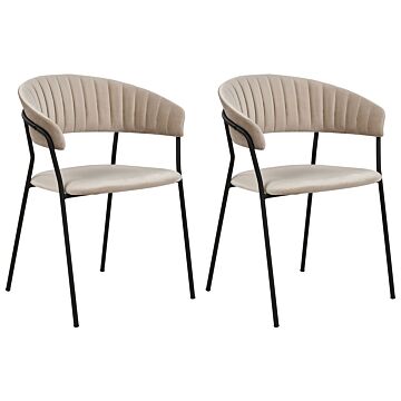 Set Of 2 Dining Chairs Taupe Velvet Fabric Upholstery Black Metal Legs With Armrests Curved Backrest