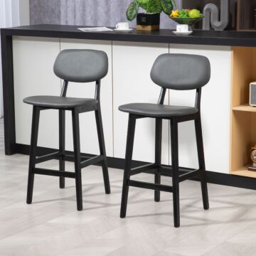 Homcom Bar Stools Set Of 2, Modern Breakfast Bar Chairs, Faux Leather Upholstered Kitchen Stools With Backs And Wood Legs, Dark Grey