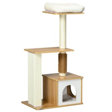 Pawhut Cat Tree With Scratching Posts, Cat House, Cat Bed, Perches, 59.5 X 39.5 X 114 Cm, Oak Tone
