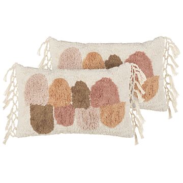 Set Of 2 Tufted Scatter Cushions Multicolour Cotton 30 X 50 Cm With Tassels Boho Style Decor Accessories Beliani