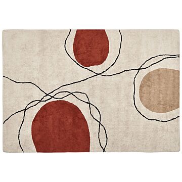 Area Rug Cotton Beige And Red 140 X 200 Cm Abstract Pattern Low Pile Modern Beliani