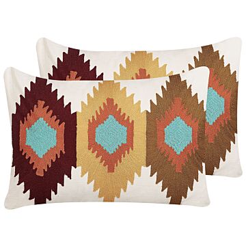 Set Of 2 Scatter Cushions Multicolour Cotton Wool 40 X 60 Cm Geometric Pattern Handmade Embroidered Removable Cover With Filling Boho Style Beliani