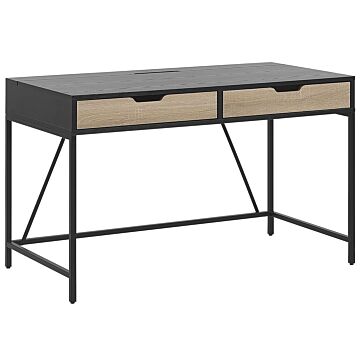 Home Desk Black Wooden Top Metal Base 2 Drawers Light Wood 120 X 60 Cm Minimalist Design Beliani
