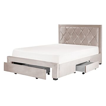 Storage Bed Beige Velvet Upholstery Eu King Size 4ft6 Tufted Tall Headboard Drawers Glam Design Beliani