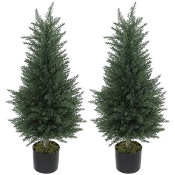 Homcom Set Of 2 Decorative Artificial Plant, 90 Cm Cypress Tree With 362 Leaves In Pot, Uv-resistant Plastic Fake Tree For Indoor Outdoor Home Office