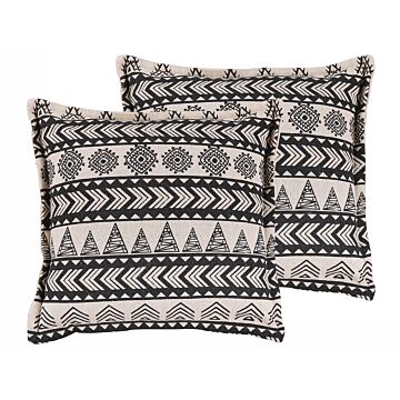 Set Of 2 Cushions Beige And Black Cotton Cover With Filling Square 45 X 45 Cm Boho Rustic Pattern Decorative Beliani