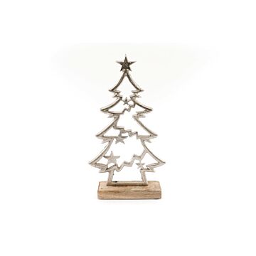 Silver Christmas Tree & Stars On A Wooden Base