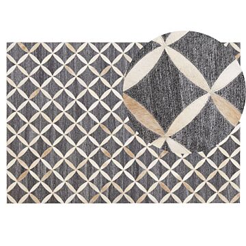 Area Rug Grey And Beige Jacquard Cowhide Leather Geometric Pattern Retro 140 X 200 Cm Beliani