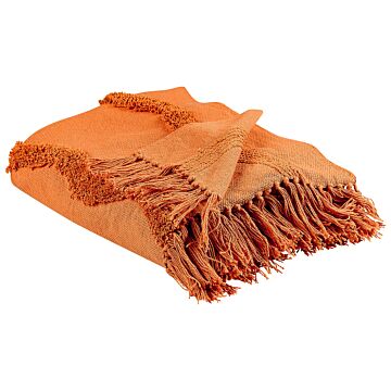 Blanket Orange Cotton 125 X 150 Cm Geometric Pattern Knitted Throw Boho Style Living Room Bedroom Accent Piece Beliani