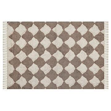 Area Rug Brown And Beige Cotton 140 X 200 Cm Rectangular With Tassels Geometric Pattern Boho Oriental Style Beliani