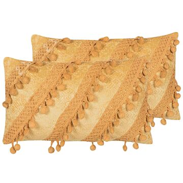 Set Of 2 Decorative Cushions Yellow With Tassels 30 X 50 Cm Rectangular Striped Retro Boho Decor Accessories Accent Pillows Beliani