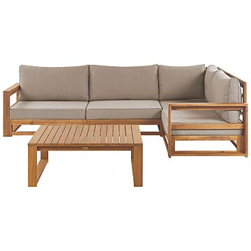 Garden Corner Sofa Set Taupe Acacia Wood Outdoor Left Hand 4 Seater With Coffee Table Cushions Modern Design Beliani