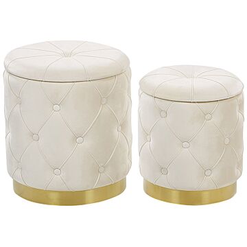Set Of Storage Pouffes White Polyester Velvet Button Tufted Upholstery Golden Base Retro Design Beliani