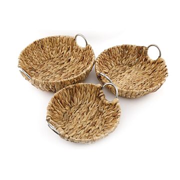 Set Of 3 Round Raffia Natural Baskets With Metal Handles