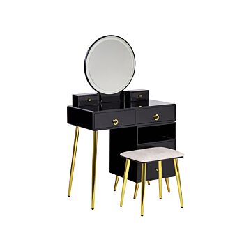 Dressing Table Black And Gold Mdf 6 Drawers Led Mirror Stool Living Room Furniture Glam Design Beliani