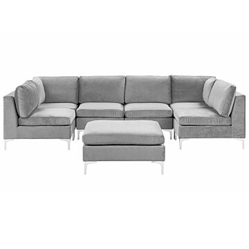 Modular Sofa Grey Velvet U Shape 6 Seater With Ottoman Silver Metal Legs Glamour Style Beliani