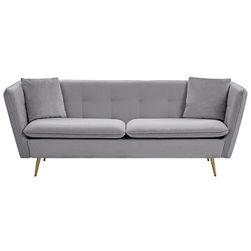 3 Seater Sofa Grey Velvet Fabric Upholstery Button Tufted With Gold Legs Beliani