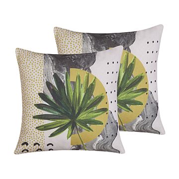 Set Of 2 Decorative Cushions Multicolour 45 X 45 Cm Leaf Print Throw Pillow Home Soft Accessory Beliani
