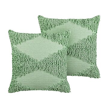 Set Of 2 Decorative Cushions Green Cotton 45 X 45 Cm Geometric Pattern Boho Decor Accessories Beliani