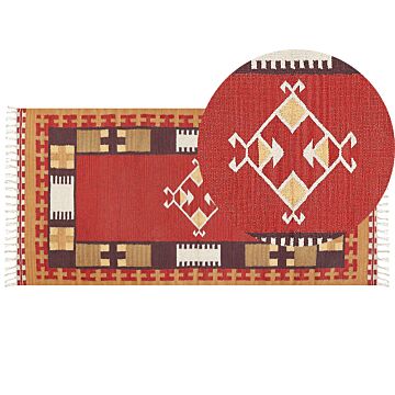 Kilim Area Rug Multicolour Cotton 80 X 150 Cm Handwoven Reversible Flat Weave Geometric Pattern With Tassels Traditional Boho Living Room Bedroom Beliani