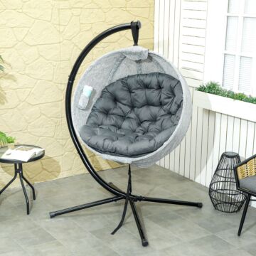Outsunny Hanging Egg Chair Outdoor Indoor Garden Swing Chair With Folding Basket, Garden Hanging Chair With Stand, Thickened Cushion, Cup Holder For Patio, Balcony, Grey