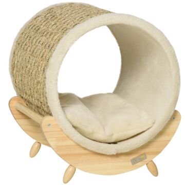 Pawhut Elevated Cat House, Kitten Bed, Pet Shelter, Wrapped With Scratcher, Soft Cushion, 41 X 38 X 43 Cm, Khaki