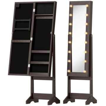 Homcom Free Standing Mirror Jewelry Cabinet With Led Lights, Jewellery Organiser With 3 Angle Adjustable, Full-length Mirror With Storage For Earrings, Necklaces, Rings And Lipsticks, Dark Brown